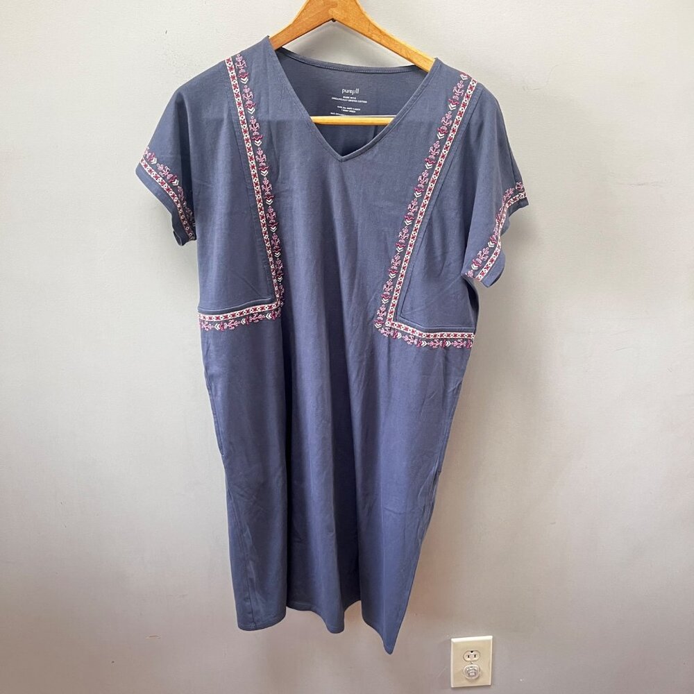 Pure Jill Womens Organic Cotton Embroidered‎ Navy V-Neck T-Shirt Dress Size S